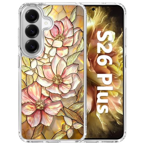 for Samsung Galaxy S26 Plus Magnetic Case【Compatible with MagSafe】 Aesthetic Vintage Stained Glass Bloom Flower Design, Slim Fit Hard PC Back Shockproof Clear Phone Cover, Amber Peony - color: Amber Peony, size: Galaxy S26 Plus