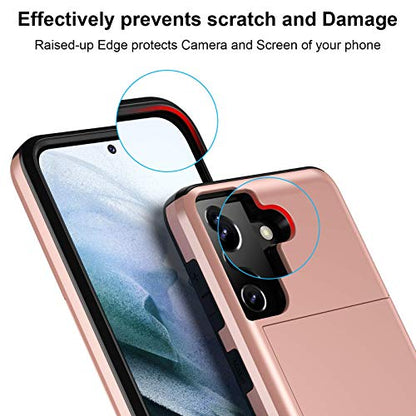 Jiunai for Samsung Galaxy S21 Case Wallet Credit Card Cash Holder Rose Gold | Slide Cover Dual Layer Hybrid Protective Hard PC Soft TPU Rubber Cover Phone Case for Samsung Galaxy S21 5G 6.2'' Women Men - color: Rose Gold