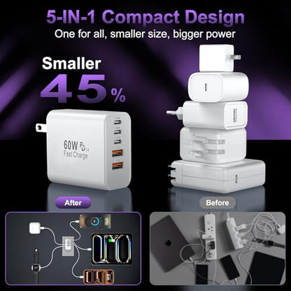USB C Charger Block Fast Charging, 60W Phone Charger USBC Wall Plug Adapter - color: White-2Pack