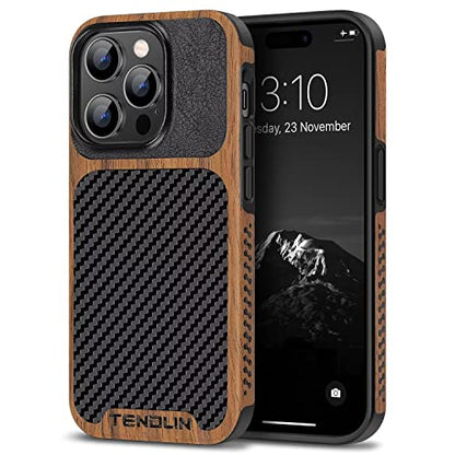 TENDLIN Compatible with iPhone 14 Pro Case Wood Grain with Carbon Fiber Texture Design Leather Hybrid Slim Case Black - color: Black, size: iPhone 14 Pro