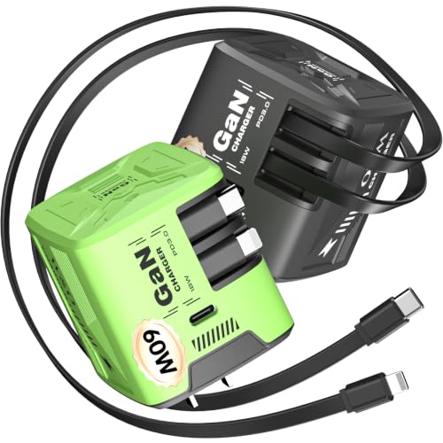 W & O 60W Gan Fast Charger Wall Plug, Built-in Retractable USB-C & L Cables - color: black+green