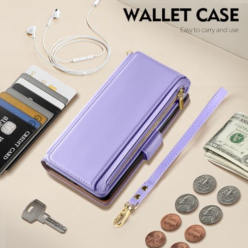 Antsturdy for iPhone 13 Pro Phone Wallet Case Women,Light Purple | RFID Blocking,with Credit Card Holder Slots,PU Leather Purse,Zipper Pocket,Wrist Strap Kickstand,Flip Folio Cover for Men - color: Light Purple