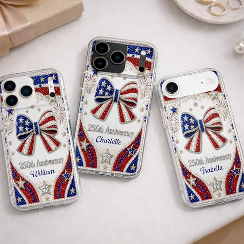 USA Anniversary Sparkling Bow, Personalized Clear Phone Case, Gift for Her