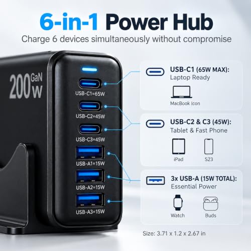200W GaN Charging Station, 6-Port USB-C Desktop Charger - color: Black-200