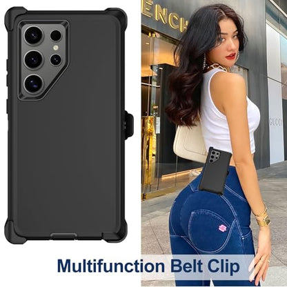 for Samsung Galaxy S24 Ultra Case with Belt Clip Holster, 2X Screen Protector, Heavy Duty Military Grade Full Body Shockproof Rugged Protective Cover for Samsung S24 Ultra 5G (Black) - color: Black