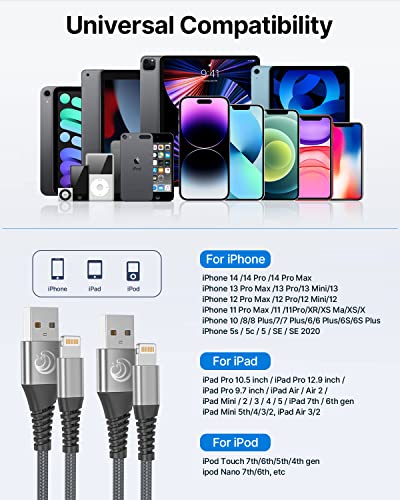 iPhone Charger [Apple MFi Certified] 2Pack 10FT Long Lightning Cable Fast Charging Nylon Braided iPhone Charger Cord USB Cable Compatible with iPhone 14 13 12 11 Pro Max XR XS X 8 7 6 Plus SE iPad - color: 3m gray