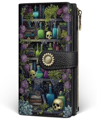 GIANCOMICS Goth Book Shelf Womens Wallet RFID, Credit Card Holder Bifold | Billfold, Cute Cash Purse, Travel Zipper Coin Pocket, Compact Clutch, PU Leather, ID Window, 11 Card Slots, Ladies Gift Woman - color: Bookshelf Skulls