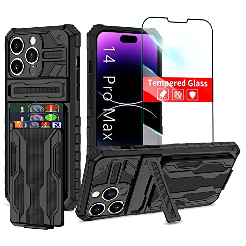 for iPhone 14 Pro Max Wallet Case with Card Holder, Black | Detachable Card Holder, Built-in Kickstand, with Screen Protectors, Military Grade, Full Body Shockproof - size: for iPhone 14 Pro Max - 6.7''