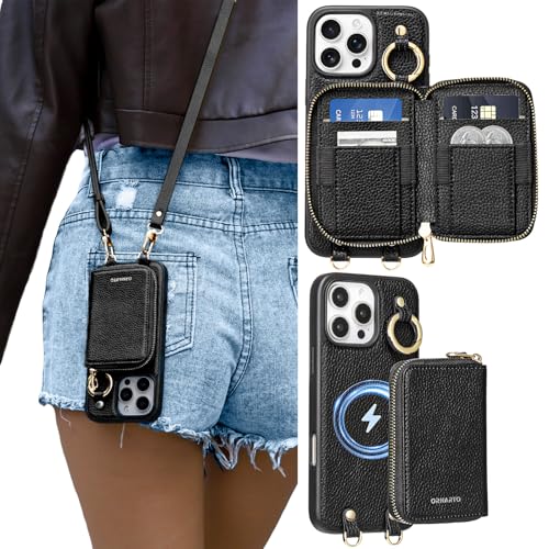 ORNARTO Magnetic Detachable Wallet Case for iPhone 16 Pro Max, Black | Compatible with MagSafe, Crossbody Wallet Case with Card Holder Wrist Strap, RFID Blocking PU Leather Wallet Phone Cover 6.9” - color: Black