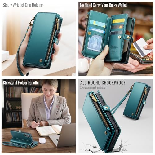 Defencase for Samsung Galaxy S24 Wallet Case with RFID Card Holder, Green | Durable Soft PU Leather, with Zipper Pocket, Wrist Strap, Fashion Snap Flip S24 Phone Cases Cover with Stand for Women Men - color: Blue Green