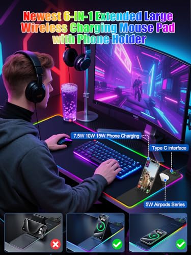 Mouse Pad with Foldable Phone Holder & Wireless Charger, XXL RGB Gaming Mousepad 31.5"x15.8" Large Desk Mat for Keyboard, Black Desk Pad with Dual Qi Charging Station | 11 Colors 5 Modes | Waterproof - color: 31.5x15.75"Phone Stand-Black Right w/PD Upgrad