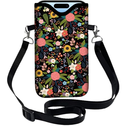 Floral Neoprene Phone Sleeve Pouch with Adjustable Strap Neck Lanyard Fits Most Smartphones, Phone Sleeve Cute Waterproof Crossbody Carrying Cellphone Case Bag for Women 7.1 x 3.9 Inch - color: Flower-2