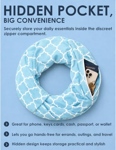 Pop Fashion Quatrefoil Pattern Infinity Scarf for Women - Travel Scarf with Hidden Pocket - All Seasons - color: Light Blue, size: 24.5 x 9.5