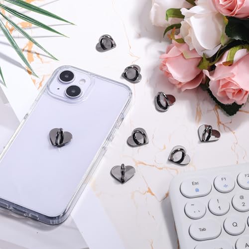 Gosknor 8pcs Heart Cell Phone Ring Holder, Cute Phone Charm Hooks Adhesive Smartphone Finger Ring Grip Sticky Metal Loop Stand for Cellphone Case Pad Tablet DIY Accessories (black) - color: black