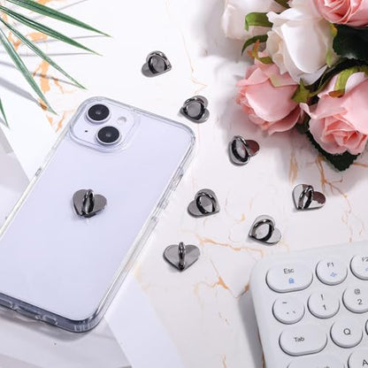 Gosknor 8pcs Heart Cell Phone Ring Holder, Cute Phone Charm Hooks Adhesive Smartphone Finger Ring Grip Sticky Metal Loop Stand for Cellphone Case Pad Tablet DIY Accessories (black) - color: black