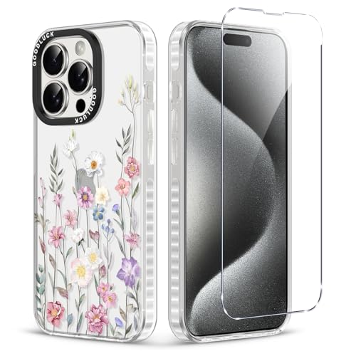 for iPhone 15 Pro Case Floral with Screen Protector,Protective Shockproof Slim Clear Floral Phone Cover?Cute Phone Case for Women Girl with Flower Pattern Design (Branch Flower) - color: Branch Flower, size: iPhone 15 Pro