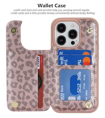 iCoverCase Compatible with iPhone 13 Pro Case with Card Holder, Wallet Phone Case for Women Men RFID Blocking PU Leather Protective Case 6.1 Inch (Rose Gold Leopard) - color: Rose Gold Leopard