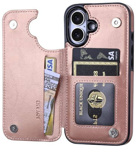 Wallet Case Compatible with iPhone 16 6.1", Slim Protective Case with Card Holder,Premium PU Leather Kickstand Card Slots Case with Double Magnetic Clasp-Rosegold - color: Rosegold, size: iphone 16 6.1"