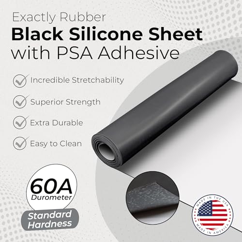 Exactly Rubber - Black Silicone Sheet with PSA Adhesive, 60A Durometer Rubber Mat, Gasket Material, -80 to 450°F Temperature Resistance, 350% Elongation Rubber Sheet, Made in The USA, 1/32 x 9” x 12” - size: 1/32 x 9 x 12