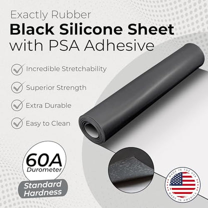 Exactly Rubber - Black Silicone Sheet with PSA Adhesive, 60A Durometer Rubber Mat, Gasket Material, -80 to 450°F Temperature Resistance, 350% Elongation Rubber Sheet, Made in The USA, 1/32 x 9” x 12” - size: 1/32 x 9 x 12