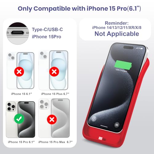 15W Fast Charging Battery Case for iPhone 15 Pro(6.1 inch),7500mAh Slim Portable Charging Case with 360°Protection,Rechargeable Extended Phone Charger Cover for iPhone 15 Pro Battery Case-Red