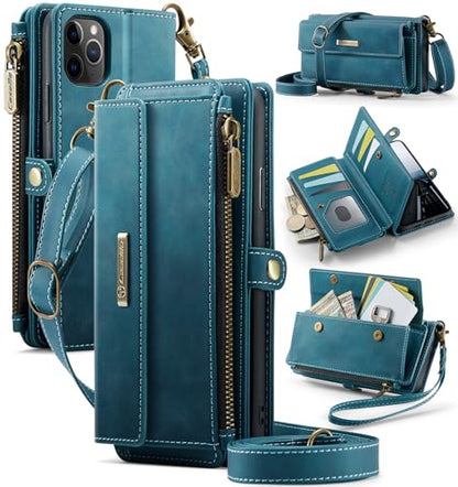 Wallet Case for iPhone 11 Pro Max – RFID Blocking PU Leather Phone Case with Card Holder, Zipper Pocket, Kickstand, Magnetic Closure, Shoulder & Wrist Strap, Blue Green - color: Blue Green, size: iPhone 11 Pro Max