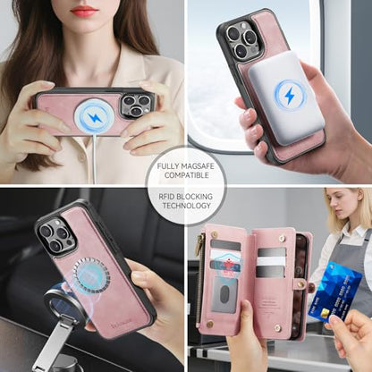 Defencase for iPhone 15 Pro Case Wallet Compatible with Magsafe, Rose Pink | Drop-Proof Magnetic Detachable Phone Cases Cover, with RFID Bolcking Card Holder, Zipper Strap, PU Leather, Removable Wallet - color: (Detachable with Magsafe)-Pink