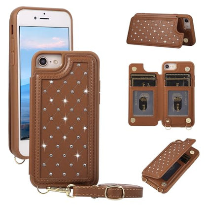 for iPhone 7/8/SE 2022/SE 2020 Wallet Case with Card Holder Slots and Strap, RFID Blocking Magnetic Flip Folio Cover, Crossbody Purse Protection Case with Kickstand,Brown Diamond - color: Brown Diamond, size: iPhone 7/8/SE 2022/SE 2020(6.6")