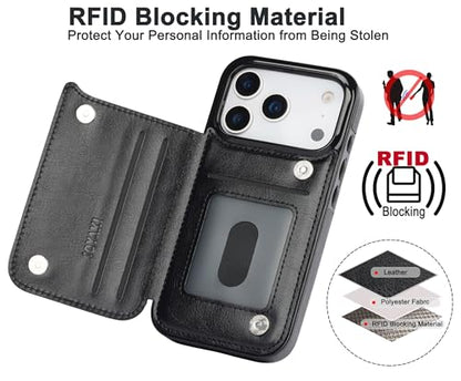 for iPhone 17 Pro Max Wallet Case with Screen Protector, Slim PU Leather Protective Case with Card Holder[RFID Blocking] Kickstand Cover 6.9"-Black - color: Black