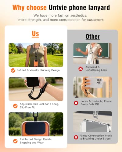 Untvie 2026 New 3-in-1 Phone Lanyard, Adjustable Neck Wrist Strap & Phone Crossbody Strap with 2 Extension Ropes Black Pads, Anti-Theft Universal Cell Phone Holder Tether for iPhone Android (Orange) - color: Orange