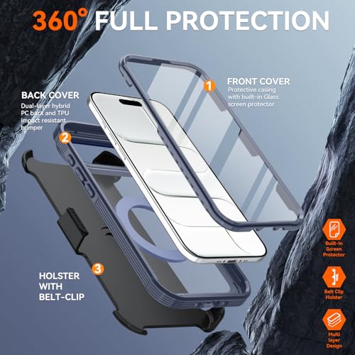 Magnetic for iPhone Air Case, Compatible with MagSafe, Full Body Rugged Case with Built-in Screen Protector & Kickstand & Belt-Clip (Blue) - color: Blue