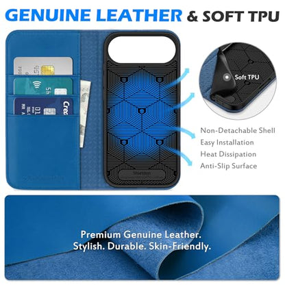 SHIELDON Genuine Leather Wallet Case for iPhone Air 6.5", Sapphire Blue | Magnetic Closure, RFID Blocking, Credit Card Holder, Kickstand, Folio Design, Shockproof Phone Cover - color: Sapphire Blue