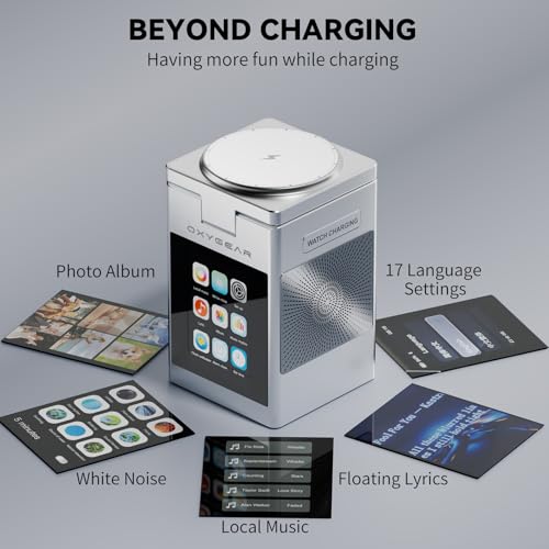 7-in-1 Magnetic Wireless Charging Station with Bluetooth Speaker & 2.4" Touchscreen, 15W Fast Charging Dock for iPhone 18-12 Series, iWatch & AirPods, Alarm Clock, White Noise for Desk, 20W Adapter - color: Silver-S5