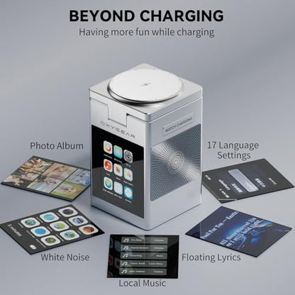 7-in-1 Magnetic Wireless Charging Station with Bluetooth Speaker & 2.4" Touchscreen, 15W Fast Charging Dock for iPhone 18-12 Series, iWatch & AirPods, Alarm Clock, White Noise for Desk, 20W Adapter - color: Silver-S5