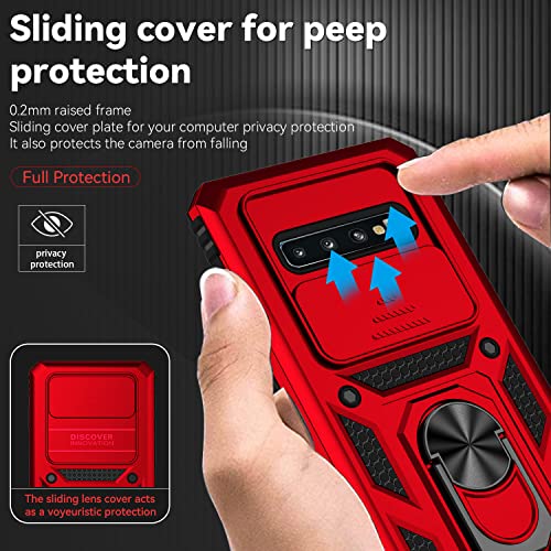 for Samsung Galaxy S10 Plus Case with Camera Lens Cover HD Screen Protector, Military-Grade Drop Tested Magnetic Ring Holder Kickstand Protective Phone Case for Samsung Galaxy S10+ Plus (Red) - color: Red with camera cover Military-Grade 2nd gen
