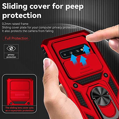 for Samsung Galaxy S10 Plus Case with Camera Lens Cover HD Screen Protector, Military-Grade Drop Tested Magnetic Ring Holder Kickstand Protective Phone Case for Samsung Galaxy S10+ Plus (Red) - color: Red with camera cover Military-Grade 2nd gen