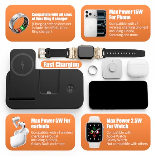 4 in 1 Charging Stand for Oura Ring Gen 4 & Gen 5 Charger (Oura Ring Charger NOT Included), Fast Magnetic Charger for iPhone, Apple Watch, AirPods, Charging for Samsung Galaxy