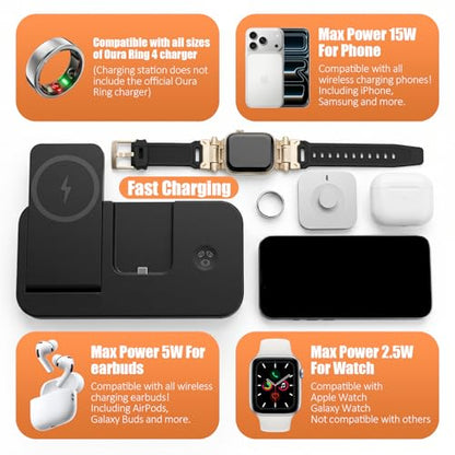 4 in 1 Charging Stand for Oura Ring Gen 4 & Gen 5 Charger (Oura Ring Charger NOT Included), Fast Magnetic Charger for iPhone, Apple Watch, AirPods, Charging for Samsung Galaxy
