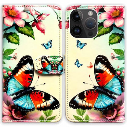 RFID Safe Case for iPhone 15 Pro Max,RFID Blocking,Red Blue Butterfly Flower Leather Flip Phone Case Wallet Cover with Card Slot Holder Kickstand for iPhone 15 Pro Max - color: Red Blue Butterfly Flower