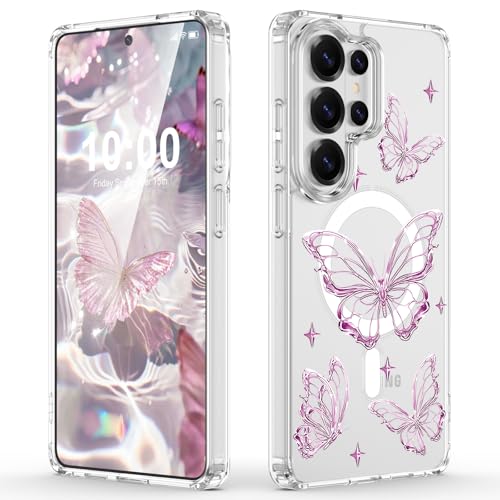 Designed for Samsung Galaxy S26 Ultra Case Magnetic Clear with Pink Butterfly Shockproof Protective Phone Case Cover for Women Girls - color: Pink Buttefly, size: s26 ultra case