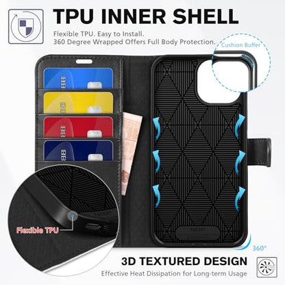 TUCCH Case Wallet for iPhone 15 (6.1"), RFID Blocking Folio, Black & White | 4 Card Holders, Kickstand, PU Leather, Magnetic Closure, Shockproof TPU Shell, Protective Flip Cover - color: Black & White