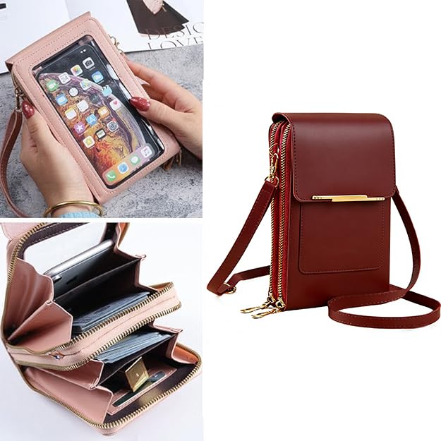 Anti-Theft Leather Bag,Small Crossbody Cell Phone Purse Wallet for Women,Touchscreen Phone Purse Crossbody Bag - color: Wine Red