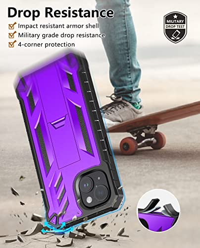 FNTCASE for iPhone 14 Plus Case, Built-in Screen Protector, Kickstand | 20FT Military-Grade Drop Protection, Anti-Slip Matte Textured, Rugged Heavy Duty Shockproof TPU Protective Cover - color: Purple