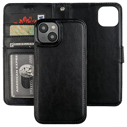 Bocasal Detachable Wallet Case Card Holder for iPhone 14, Black | RFID Blocking Kickstand Card Slots Holder PU Leather Magnetic Shockproof Wrist Strap Removable Flip Protective Cover 6.1 inch - color: Black