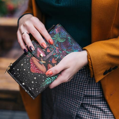 Travelambo RFID Wallet Women Large Size Bifold Multi Card Wallet Case with Zipper Pocke Credit Card Holder for Women - color: Black Mushroom