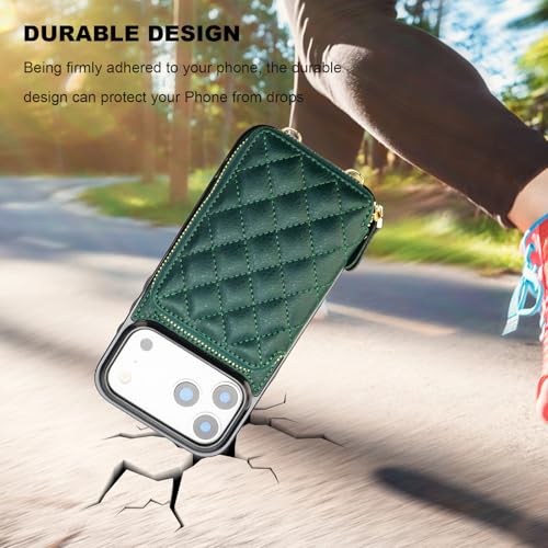 Bocasal Crossbody Wallet Case Card Holder for iPhone 17 Pro Max Dark Green | RFID Blocking PU Leather Zipper Handbag Purse, Kickstand Flip Folio Case with Card Slots Holder Wrist Strap Lanyard 6.9 Inch - color: Dark Green