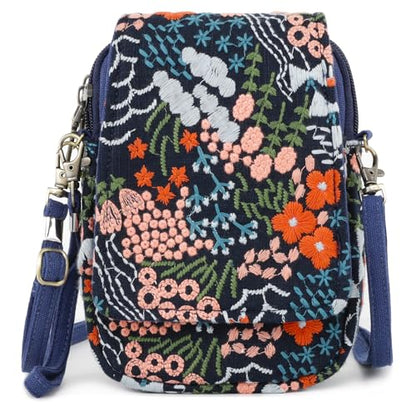 SILKAREA Embroidered Cute Mini Crossbody Bag for Women Small Handbags Wristlet Wallet Bag Cell-phone Pouch Coin Purse - color: Flower Sea Blue
