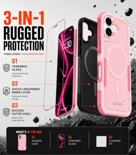 LOOXER® Heavy Duty Rugged Magnetic Case for iPhone 17 (6.3”) | Military Grade Shockproof Protection,MagSafe Compatible+ Tempered Glass Included (Pink, 17) - color: Pink, size: 17