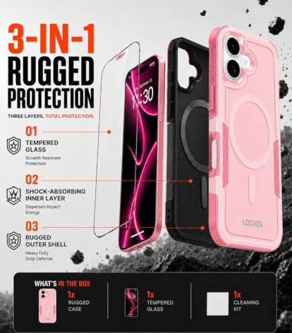 LOOXER® Heavy Duty Rugged Magnetic Case for iPhone 17 (6.3”) | Military Grade Shockproof Protection,MagSafe Compatible+ Tempered Glass Included (Pink, 17) - color: Pink, size: 17