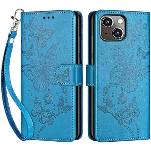 for iPhone 13/14 Wallet case, Blue-Butterfly | 3 Card Holders, Kickstand, Shockproof TPU Shell, PU Leather, Magnetic Closure, Protective Flip Folio Cover, Women - color: 8